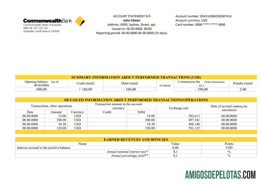Modelo de extrato bancário de comprovante de endereço da conta da Commonwealth da Austrália para download